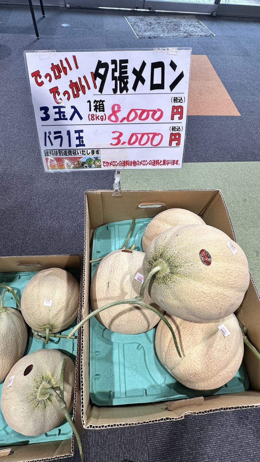 超大顆的「でっかい夕張メロン」。1顆 3,000 日圓、3顆(8kg)1箱 8,000 日圓