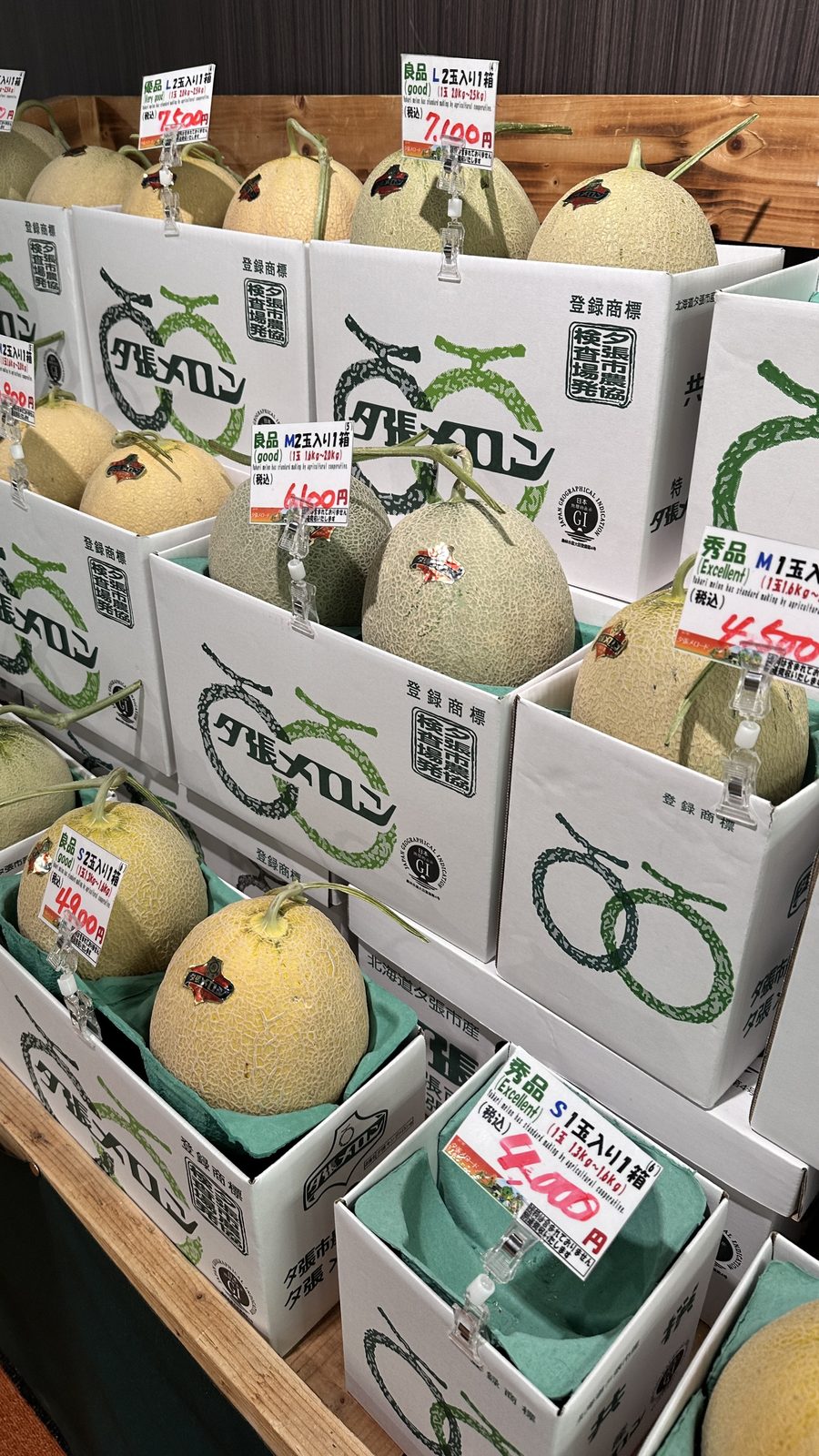 依等級與大小分開陳列的整顆哈密瓜。秀品・優品・良品，S〜L 各種尺寸一目瞭然
